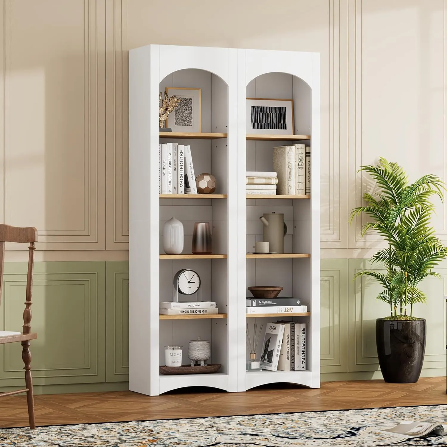 Merax Modern Wood 5 Tier Bookshelves, Bookcases Set of 2, Farmhouse Two-Tone Storage Cabinet with Adjustable Shelves, 72" H Kitchen Pantry Cabinets for Living Room, Home Office, White