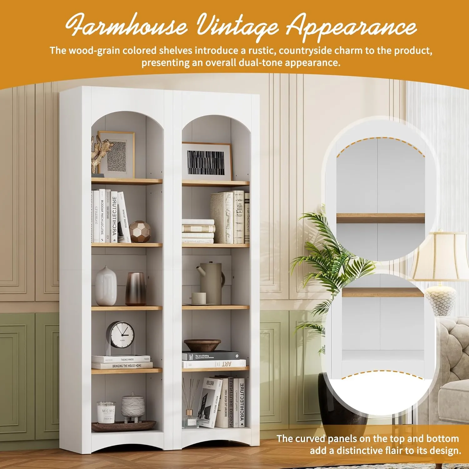 Merax Modern Wood 5 Tier Bookshelves, Bookcases Set of 2, Farmhouse Two-Tone Storage Cabinet with Adjustable Shelves, 72" H Kitchen Pantry Cabinets for Living Room, Home Office, White