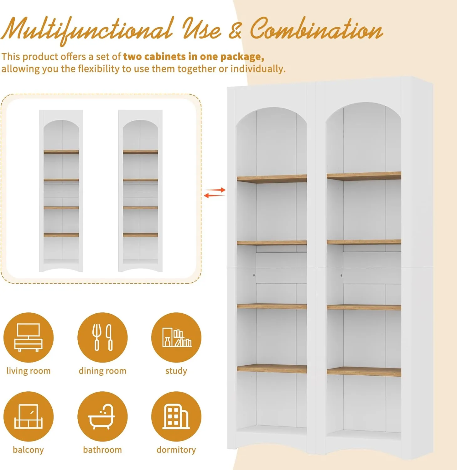 Merax Modern Wood 5 Tier Bookshelves, Bookcases Set of 2, Farmhouse Two-Tone Storage Cabinet with Adjustable Shelves, 72" H Kitchen Pantry Cabinets for Living Room, Home Office, White