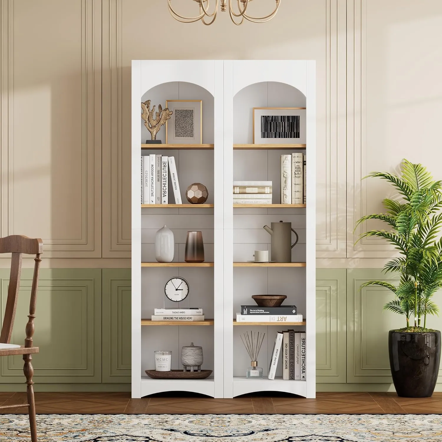 Merax Modern Wood 5 Tier Bookshelves, Bookcases Set of 2, Farmhouse Two-Tone Storage Cabinet with Adjustable Shelves, 72" H Kitchen Pantry Cabinets for Living Room, Home Office, White