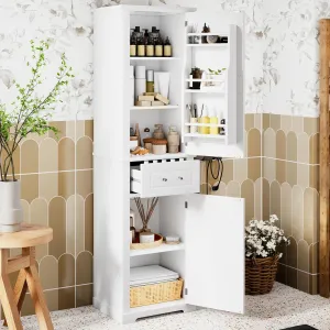 Merax Tall Storage Cabinet Slim Linen Tower with Drawer and Door, Switchable Door Orientation, Freestanding Cupboard for Home Kitchen or Living Room, Adjustable Shelf