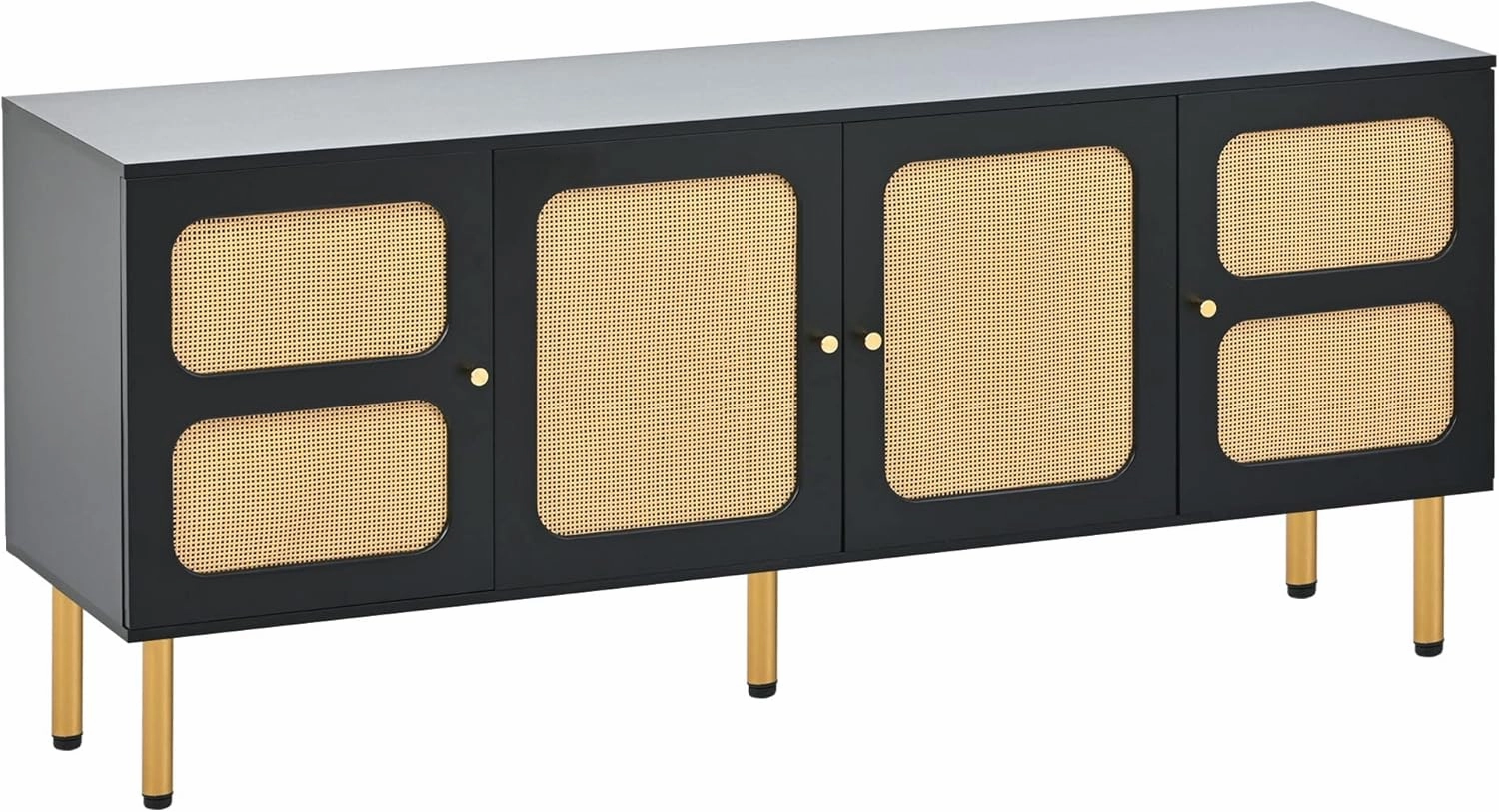 Merax Boho Style TV Stand with Rattan Door, Woven Media Console Table for Television Up to 70”, Country Style Design Side Board with Gold Metal Base for Living Room, Black
