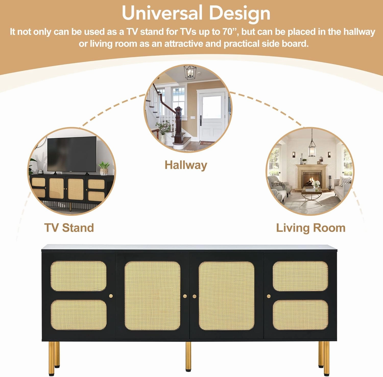 Merax Boho Style TV Stand with Rattan Door, Woven Media Console Table for Television Up to 70”, Country Style Design Side Board with Gold Metal Base for Living Room, Black