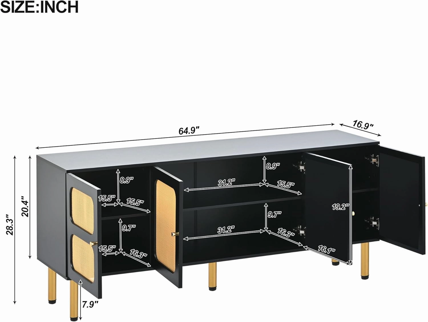 Merax Boho Style TV Stand with Rattan Door, Woven Media Console Table for Television Up to 70”, Country Style Design Side Board with Gold Metal Base for Living Room, Black