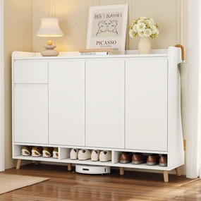 Merax Sleek and Contemporary Shoe Cabinet with Adjustable Shelves and Solid Wood Legs, Minimalist Home Organizer, Storage Sideboard for Entryway, Living Room, White