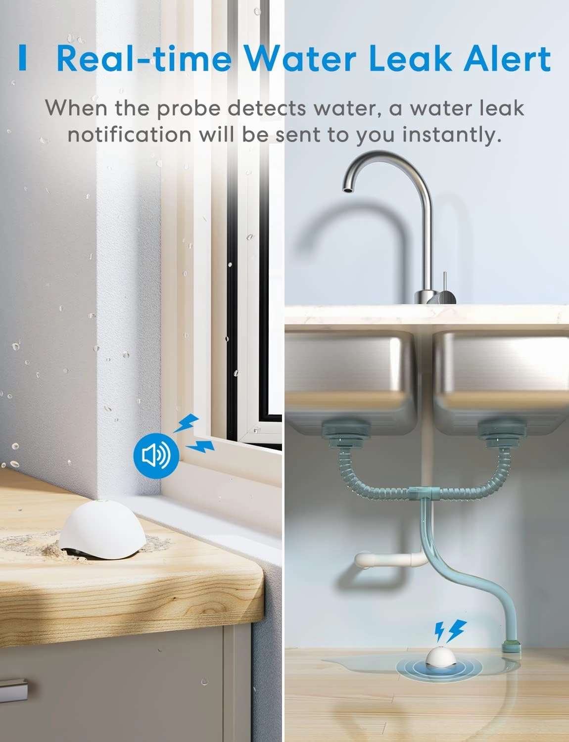 Meross Smart Water Leak Detector, WiFi Water Sensor Support Apple HomeKit, SmartThings, IP67 Waterproof with App Alerts, Audio Alarm, 100M Range for Home Basement Kitchen (Meross Hub Included)