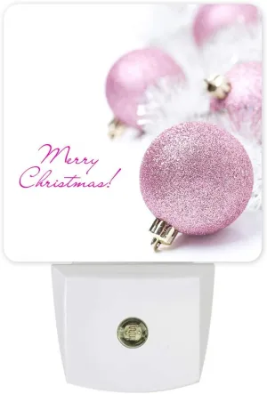 Merry Christmas Pink Ball Night Lights Pink Sparkle Shiny Balls Decoration LED Night Lamp with Auto Dusk-to-Dawn Sensor White Light Ultra Low Power for Bedroom/Bathroom/Hallway/Kid's Room