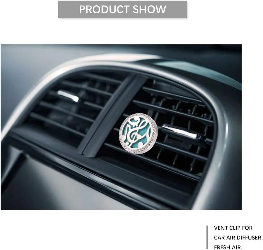 Mesinya Assorted (30mm) Air Freshener Diffuser Stainless Steel Aromatherapy Felt Pads Essential Oil Car Vent Clip Diffuser Lockets for Aromatherapy Essential Oils (Music Notes W/Crystal)