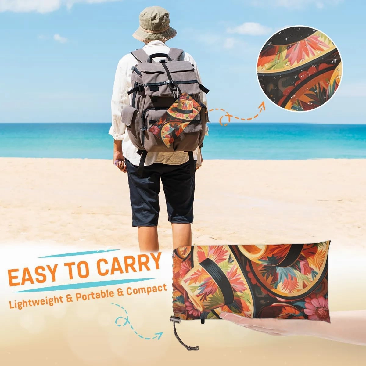 Mexican Beach Blanket, Sandproof Beach Mat, 68 x 59 Waterproof Quick Drying Sand Free Mat with 4 x Ground Spikes for Outdoor Travel Camping Hiking, Colorful Hats