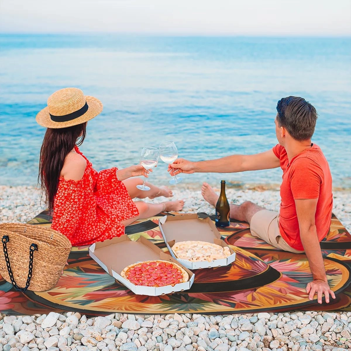 Mexican Beach Blanket, Sandproof Beach Mat, 68 x 59 Waterproof Quick Drying Sand Free Mat with 4 x Ground Spikes for Outdoor Travel Camping Hiking, Colorful Hats