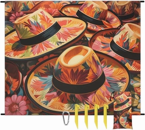 Mexican Beach Blanket, Sandproof Beach Mat, 68 x 59 Waterproof Quick Drying Sand Free Mat with 4 x Ground Spikes for Outdoor Travel Camping Hiking, Colorful Hats