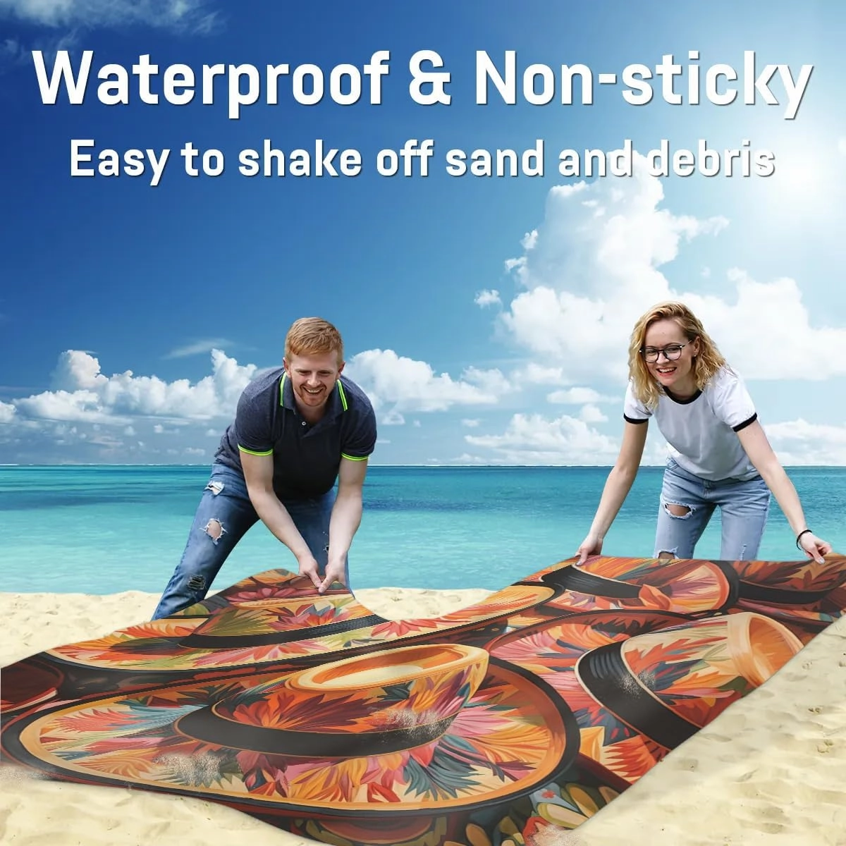 Mexican Beach Blanket, Sandproof Beach Mat, 68 x 59 Waterproof Quick Drying Sand Free Mat with 4 x Ground Spikes for Outdoor Travel Camping Hiking, Colorful Hats