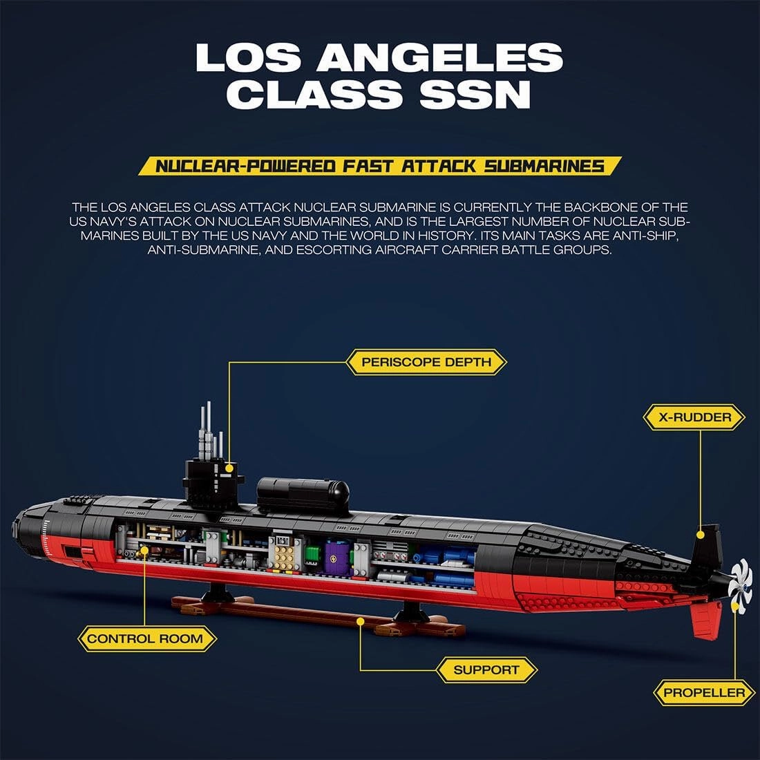 Military Nuclear Submarine Building Bricks, 1:125 WW2 Los Angeles-Class Battleship Construction Set, Military Submarine Gifts for Teens Adults, 2988 Pieces-Designed by bru_bri_mocs