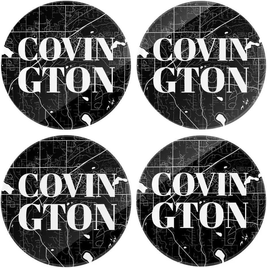 Minimalistic B&W Washington Covington Map, Joyride Home Decor, 4 Glass Coasters, 4-Inch Circle Drink Coasters, Set of 4, Non-Slip Cork Back, Protects Surfaces, Express Your Style.