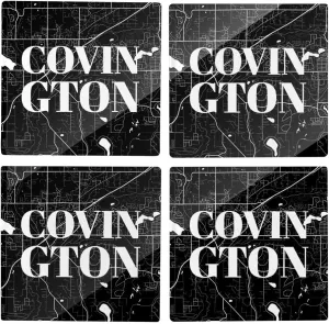 Minimalistic B&W Washington Covington Map, Joyride Home Decor, 4 Glass Coasters, 4-inch Square Drink Coasters, Set of 4, Non-Slip Cork Back, Protects Surfaces, Express Your Style.