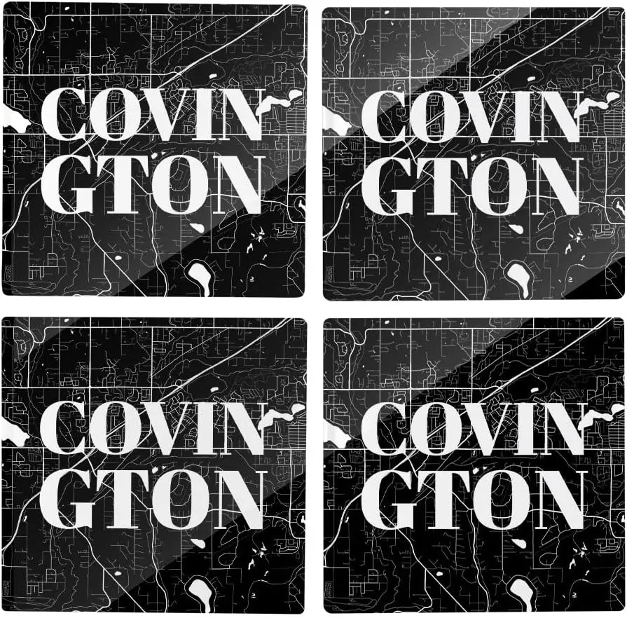 Minimalistic B&W Washington Covington Map, Joyride Home Decor, 4 Glass Coasters, 4-inch Square Drink Coasters, Set of 4, Non-Slip Cork Back, Protects Surfaces, Express Your Style.