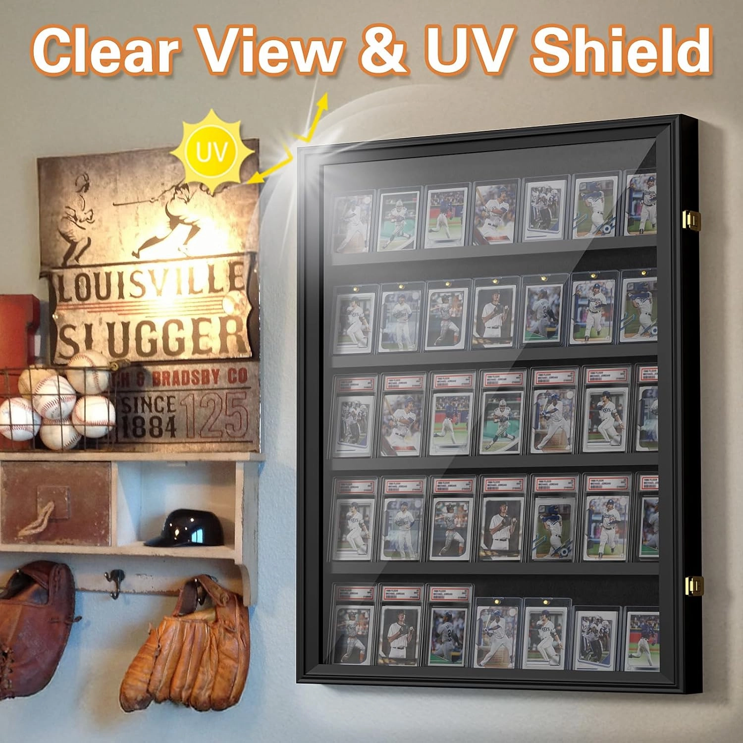 Mlikero Baseball Card Display Case, 35 Graded Card Display Frame Lockable, Trading Card Display with UV Protection Sports Card Display Case for Baseball Cards, Football Cards, Sports Cards
