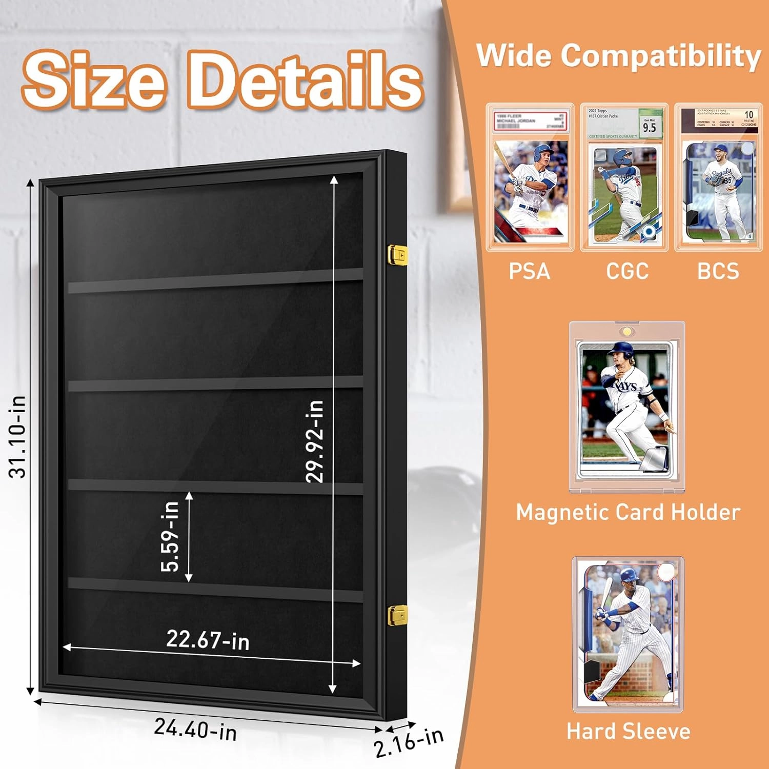 Mlikero Baseball Card Display Case, 35 Graded Card Display Frame Lockable, Trading Card Display with UV Protection Sports Card Display Case for Baseball Cards, Football Cards, Sports Cards