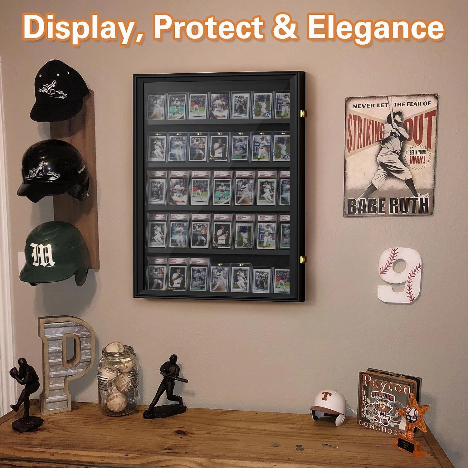 Mlikero Baseball Card Display Case, 35 Graded Card Display Frame Lockable, Trading Card Display with UV Protection Sports Card Display Case for Baseball Cards, Football Cards, Sports Cards