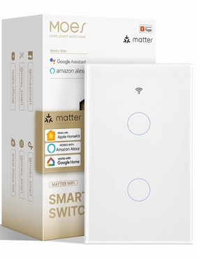 MOES Matter Smart Touch Wall Light Switch, Glass Panel Wi-Fi Wall Switch, Needs Neutral Wire, Single Pole, 2.4GHz, Timer and Schedule,Remote & Voice Control with Alexa, Google Home & Siri White 2 Gang