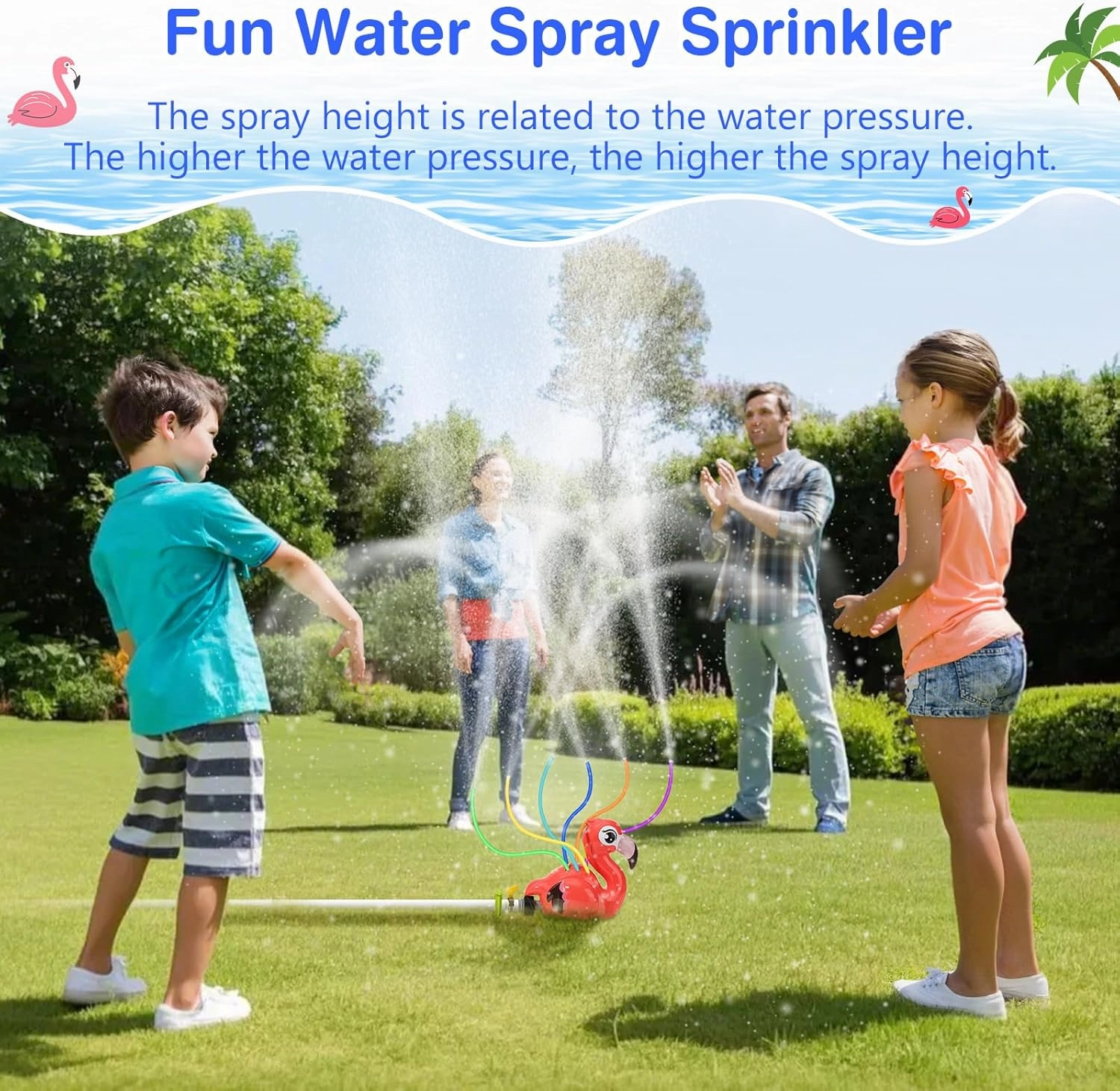 MoKo Water Sprinkler for Kids,Cute Spray Flamingo Toys with 6 Wiggle Tubes 6 Sponge Balls 1 Hose Clamp Outdoor Summer Sprinklers for Garden Backyard Lawn Splashing Fun Toys for Pet, Red Flamingo