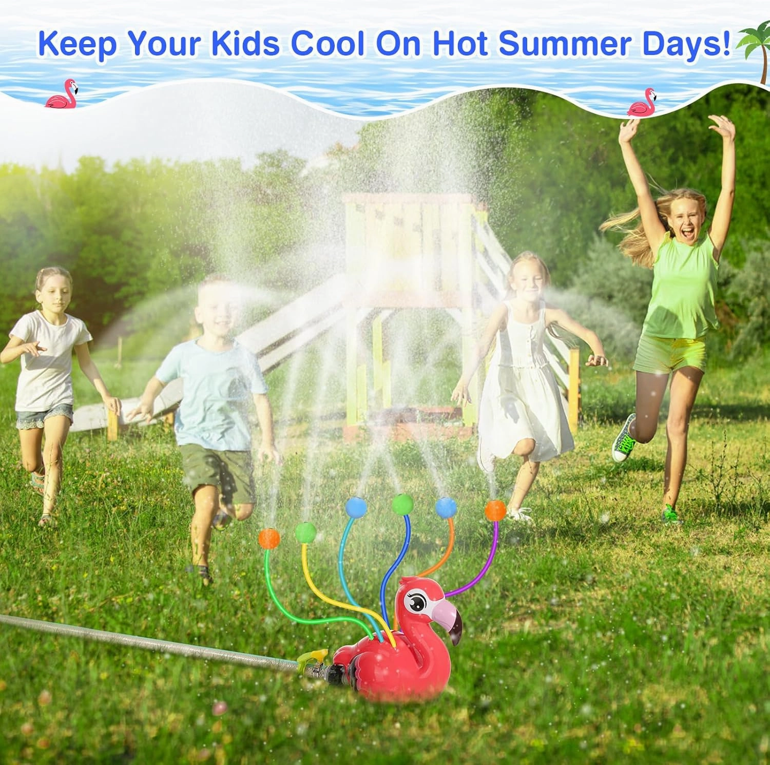 MoKo Water Sprinkler for Kids,Cute Spray Flamingo Toys with 6 Wiggle Tubes 6 Sponge Balls 1 Hose Clamp Outdoor Summer Sprinklers for Garden Backyard Lawn Splashing Fun Toys for Pet, Red Flamingo