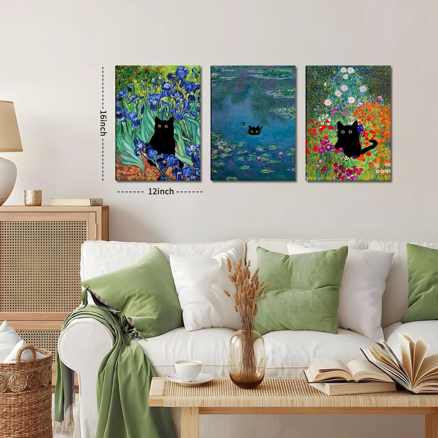 Monet Wall Art Set of 3 - Funny Cat in Water Lilies Canvas Paintings Prints, Garden Flowers Black Cat Aesthetic Pictures for Room Bedroom Living Room Bathroom 12x16 Framed