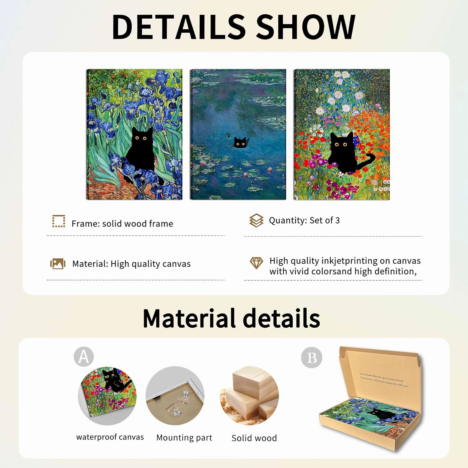 Monet Wall Art Set of 3 - Funny Cat in Water Lilies Canvas Paintings Prints, Garden Flowers Black Cat Aesthetic Pictures for Room Bedroom Living Room Bathroom 12x16 Framed