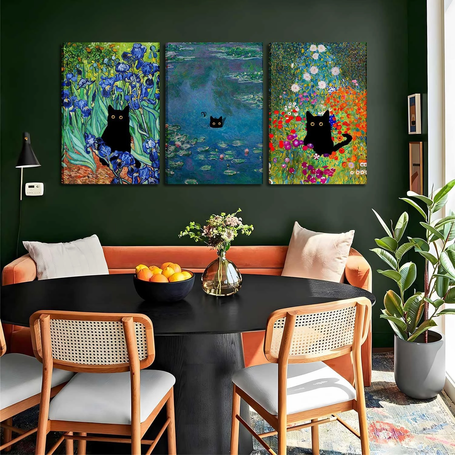 Monet Wall Art Set of 3 - Funny Cat in Water Lilies Canvas Paintings Prints, Garden Flowers Black Cat Aesthetic Pictures for Room Bedroom Living Room Bathroom 12x16 Framed