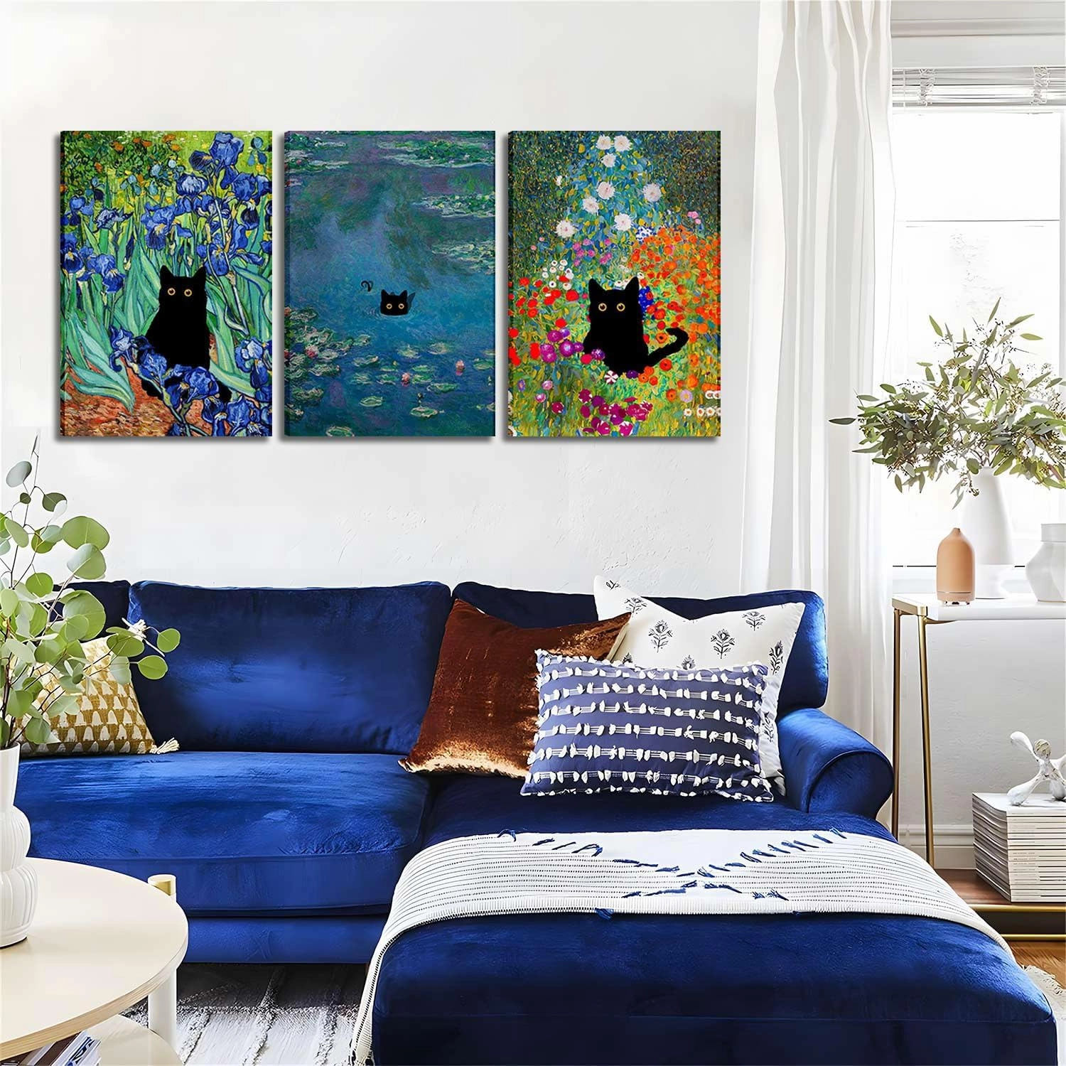 Monet Wall Art Set of 3 - Funny Cat in Water Lilies Canvas Paintings Prints, Garden Flowers Black Cat Aesthetic Pictures for Room Bedroom Living Room Bathroom 12x16 Framed