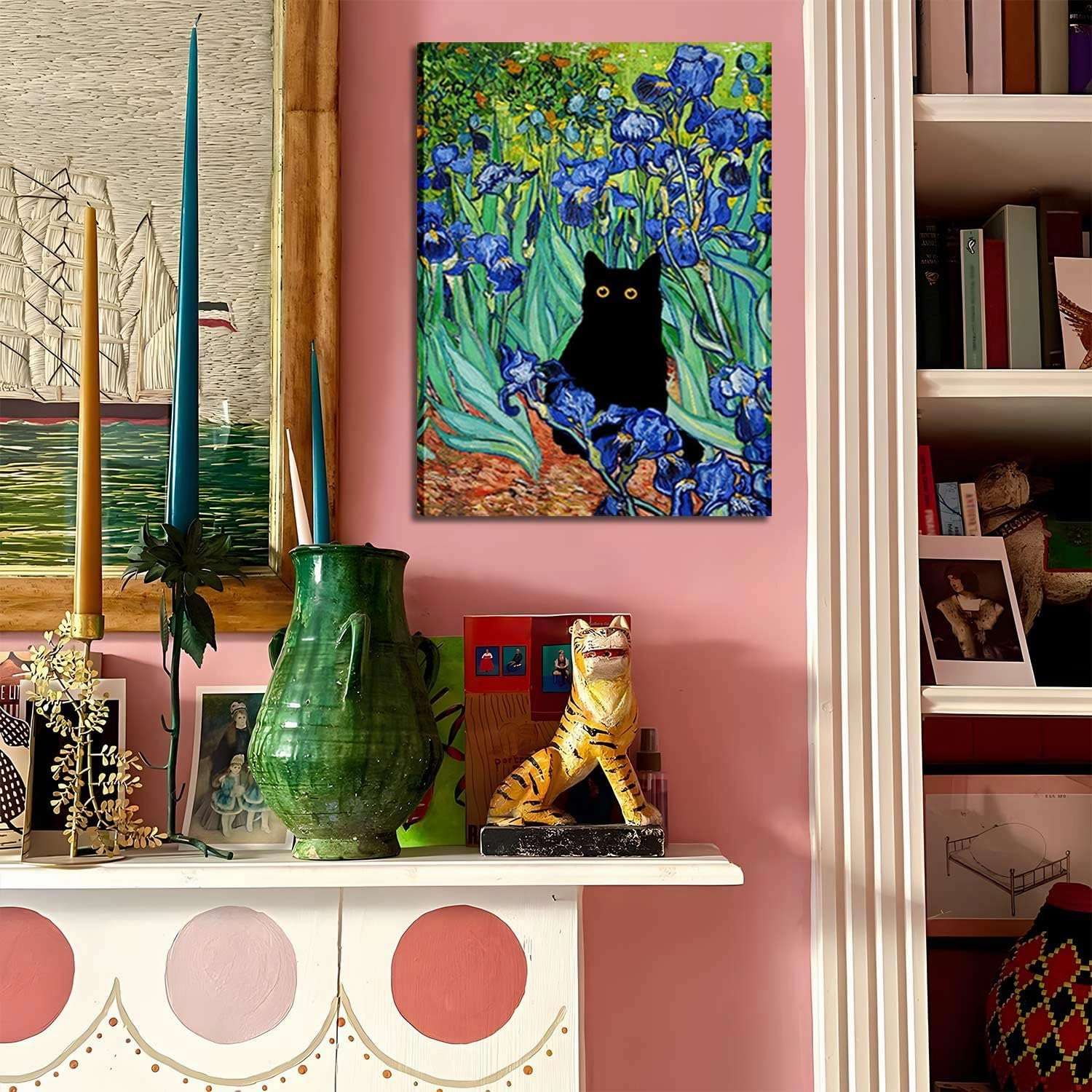 Monet Wall Art Set of 3 - Funny Cat in Water Lilies Canvas Paintings Prints, Garden Flowers Black Cat Aesthetic Pictures for Room Bedroom Living Room Bathroom 12x16 Framed