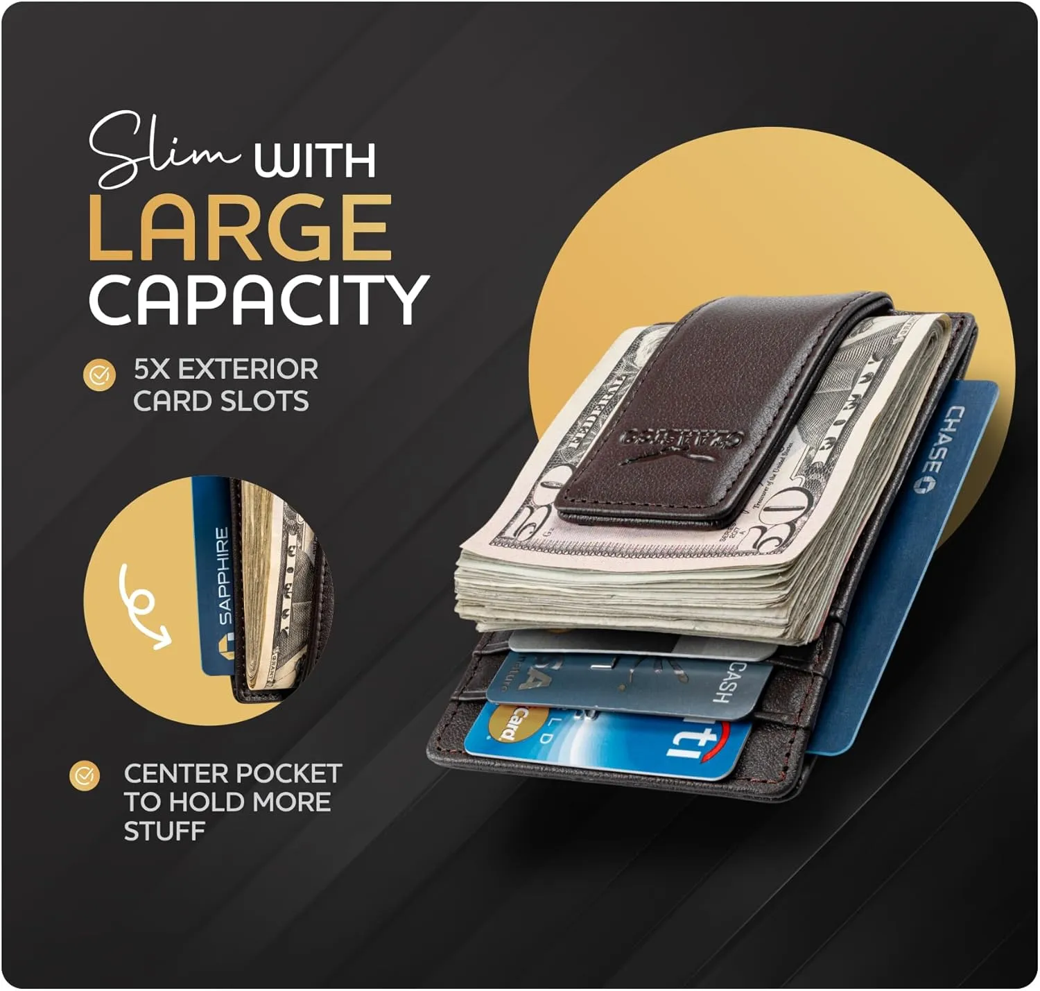 Money Clip Leather Wallet For Men Slim Front Pocket RFID Blocking with Super Strong Magnetic