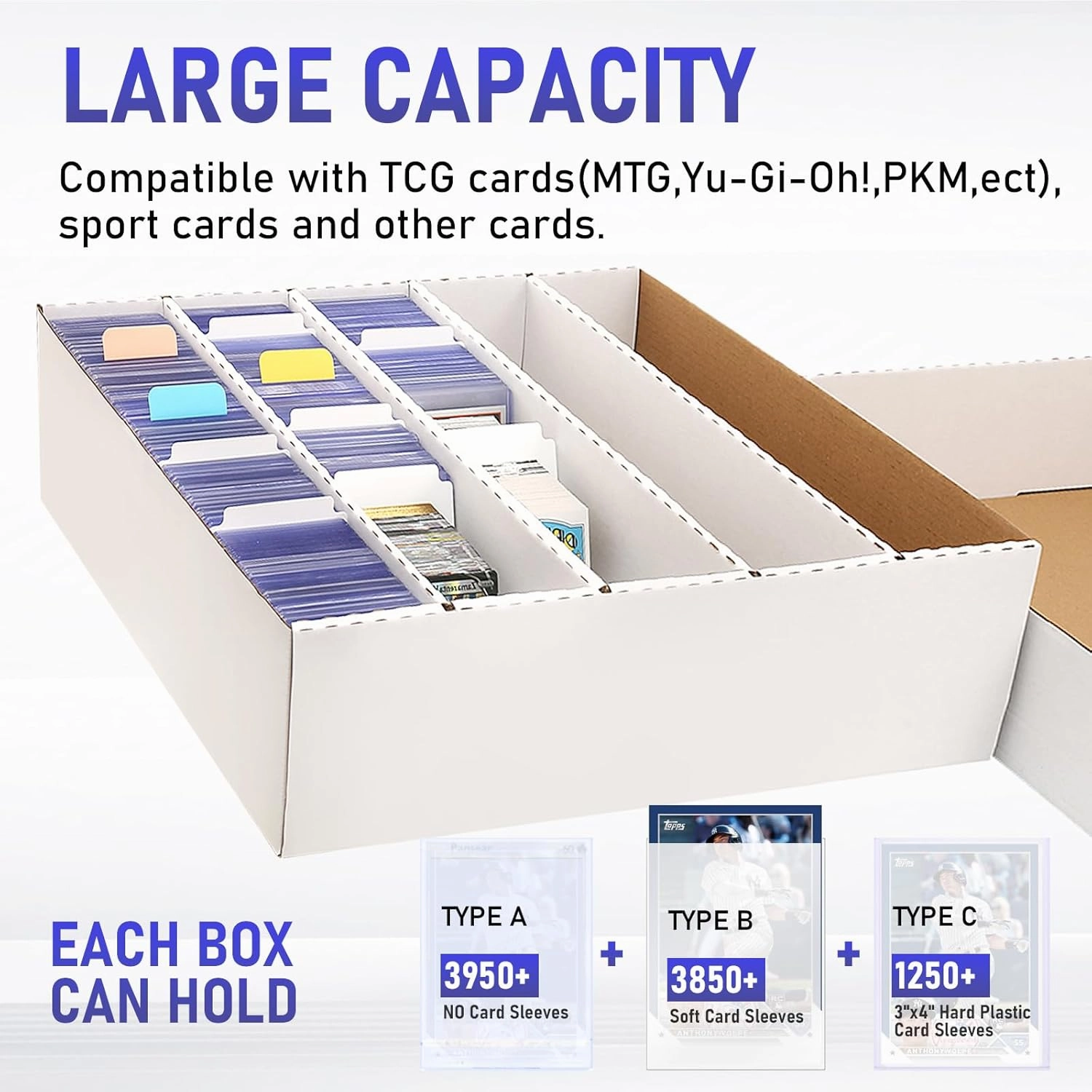 Monster Card Box, 5 Track, Baseball Card Storage Box, Holds 3200 Cards, Cardboard Storage Boxes with Dividers, for TCG/Magic/Mtg/Sports Cards (Large, Rectangular-4Pack)