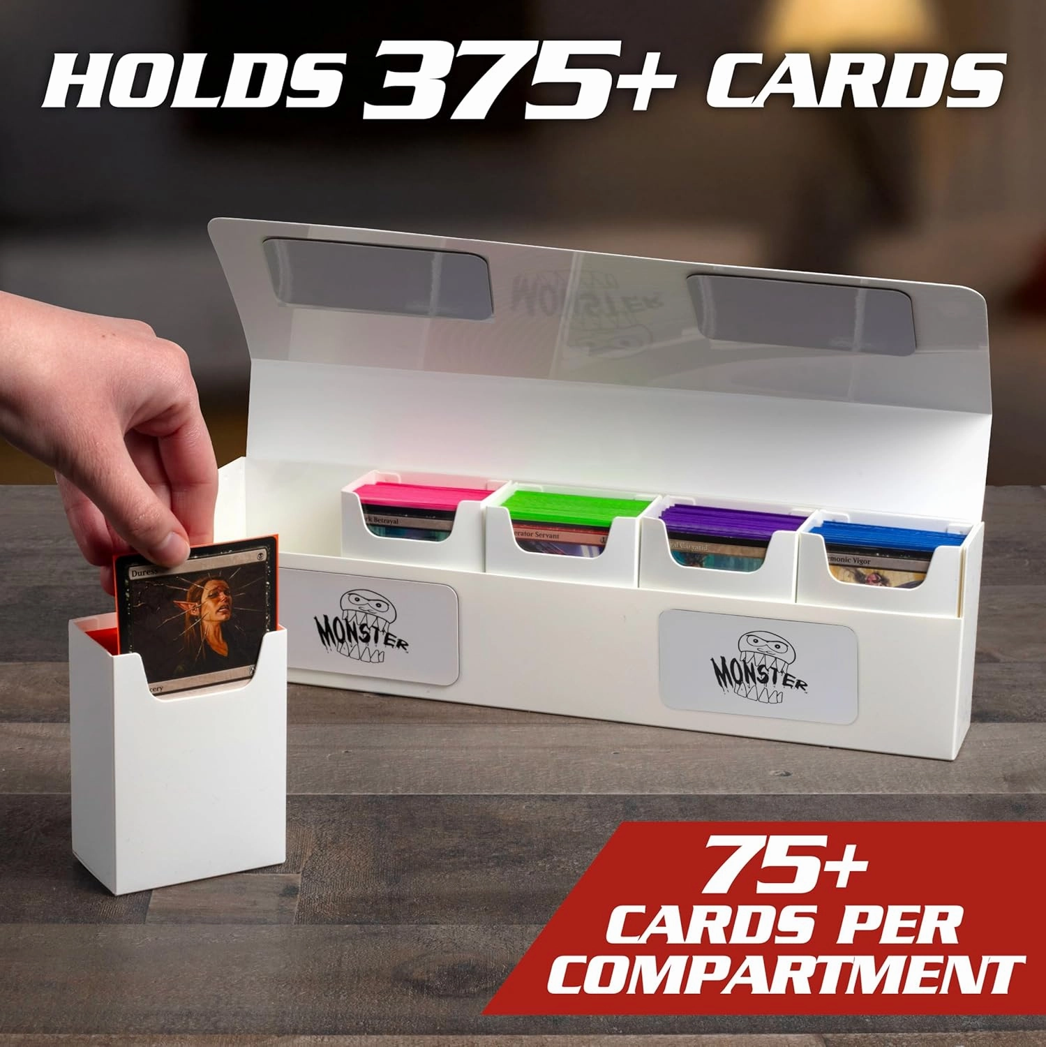Monster Protectors Magnetic Five Deck Box - Red, Holds 375 Gaming TCGs, Self-locking Closure, Compatible w Standard & Smaller Size Gaming Trading Cards, Removable Construction, Gift