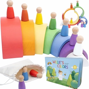Montessori Nesting Rainbow Toy: Open-Ended Wooden Stacking Set with Arches, Peg Dolls & Story Book for Emotional Intelligence & Creative Play | Ages 3  | 16 pcs | Premium Quality Tiger Wood