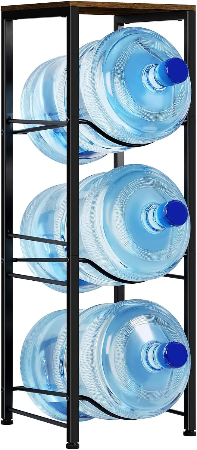 MOOACE 5 Gallon Water Jug Holder, 3 Tier Water Bottle Holder with Storage Shelf, Heavy Duty Water Dispenser Rack Stand Shelf Organizer for Kitchen Office Living, Brown