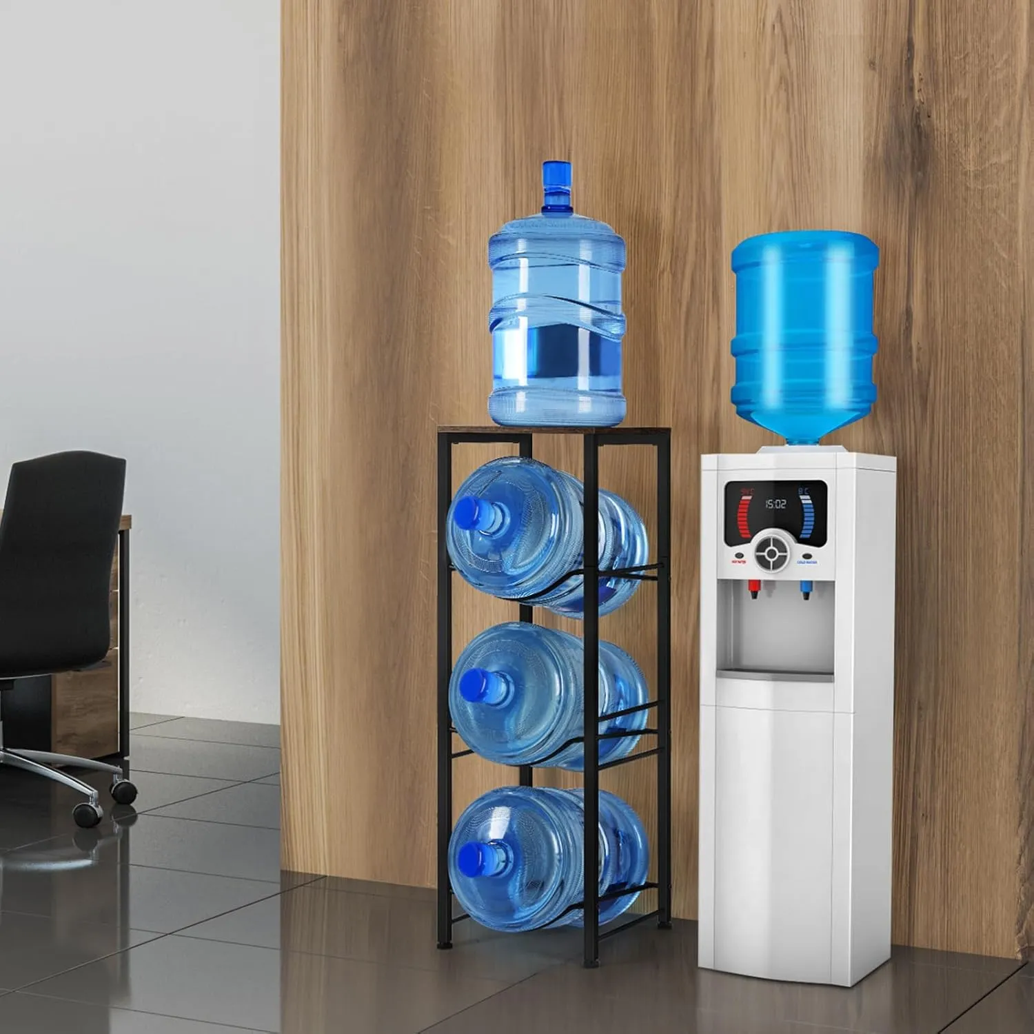 MOOACE 5 Gallon Water Jug Holder, 3 Tier Water Bottle Holder with Storage Shelf, Heavy Duty Water Dispenser Rack Stand Shelf Organizer for Kitchen Office Living, Brown