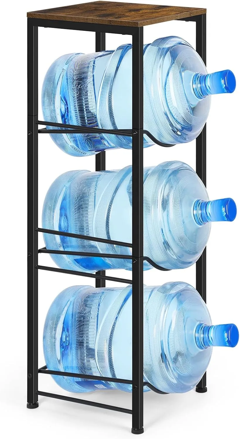 MOOACE 5 Gallon Water Jug Holder, 3 Tier Water Bottle Holder with Storage Shelf, Heavy Duty Water Dispenser Rack Stand Shelf Organizer for Kitchen Office Living, Brown