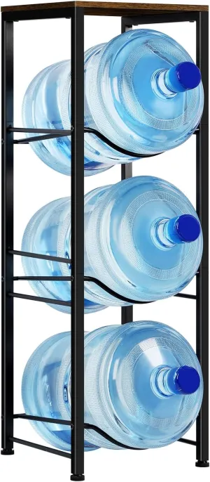 MOOACE 5 Gallon Water Jug Holder, 3 Tier Water Bottle Holder with Storage Shelf, Heavy Duty Water Dispenser Rack Stand Shelf Organizer for Kitchen Office Living, Brown