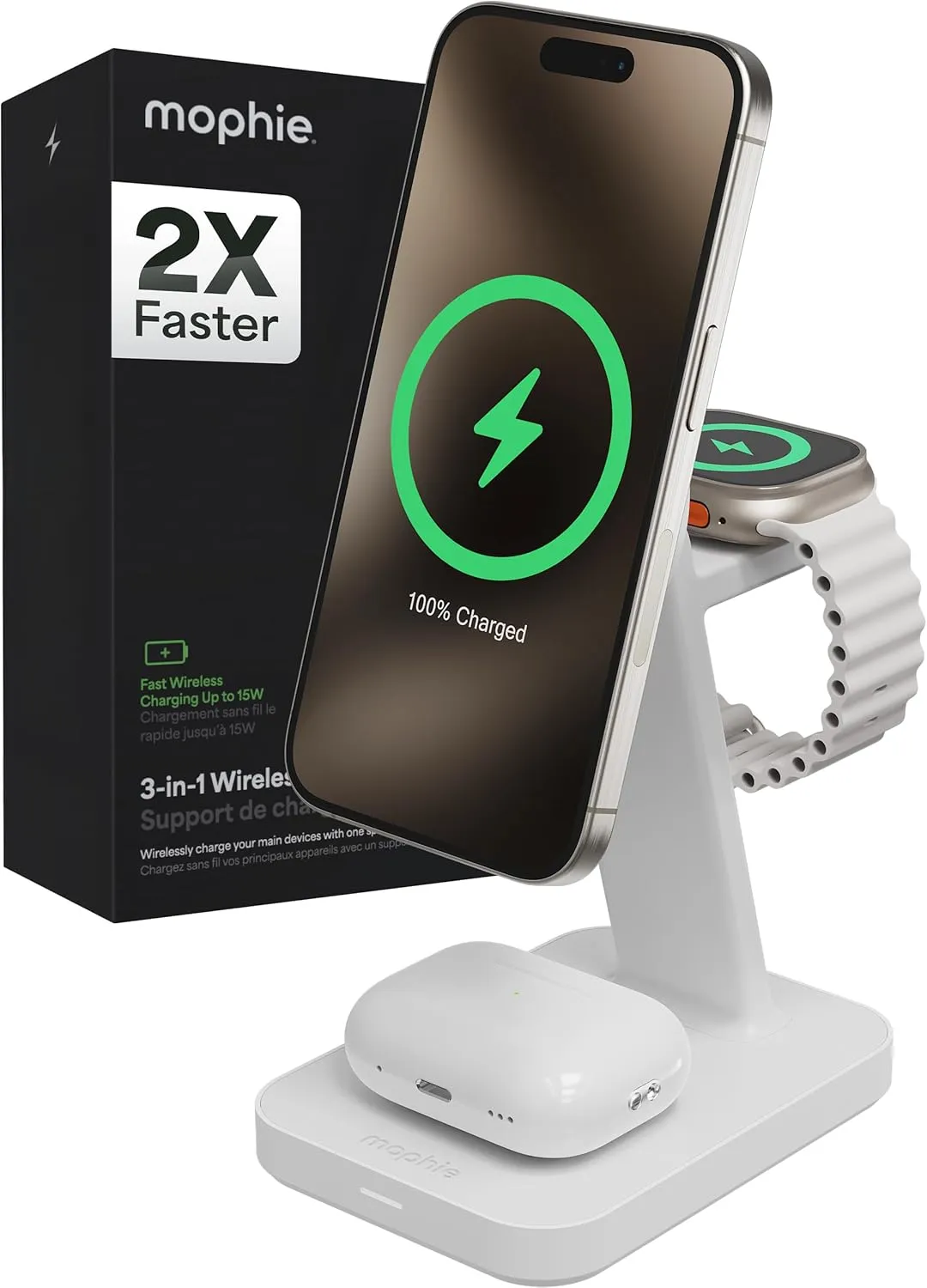 Mophie Snap  3-in-1 Wireless Charging Stand - MagSafe & Qi2 Certified, Compatible with iPhone 16/15/14/13/12, Apple Watch, AirPods - Multi-Device Magnetic Charging Station, Eco-Friendly Design, White