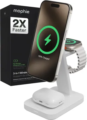 Mophie Snap  3-in-1 Wireless Charging Stand - MagSafe & Qi2 Certified, Compatible with iPhone 16/15/14/13/12, Apple Watch, AirPods - Multi-Device Magnetic Charging Station, Eco-Friendly Design, White