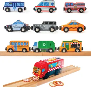 Motorized Pizza Van and 9 Wooden Vehicles Set For Wooden Track - Cars with Magnets - City Vehicles, Emergency Trucks, School Bus, Police, Fire, Ambulance, Taco Truck Toy - Community Helpers Play Set