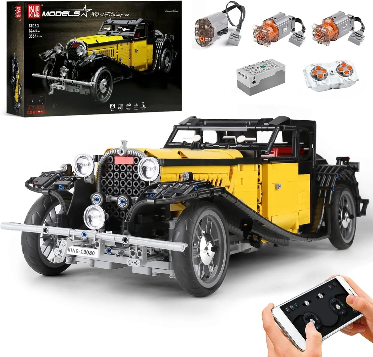Mould King Vintage Car Technique Building Block Kits, Retro Sports Car Set to Build, MOC Racing Car Model Toy, Vehicle Gifts for Kid Age 8 /Adult-3564 Pieces(Dyanamic Version)