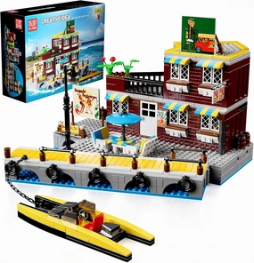 Mould King Seaside Restaurant Toy Building Set, Harbor House Model with Rescue Ship, Fisherman's Wharf Hotel Block Kits, Display Model Kit for Boys and Girls Age 8  and Adults (989 Pieces) 10143