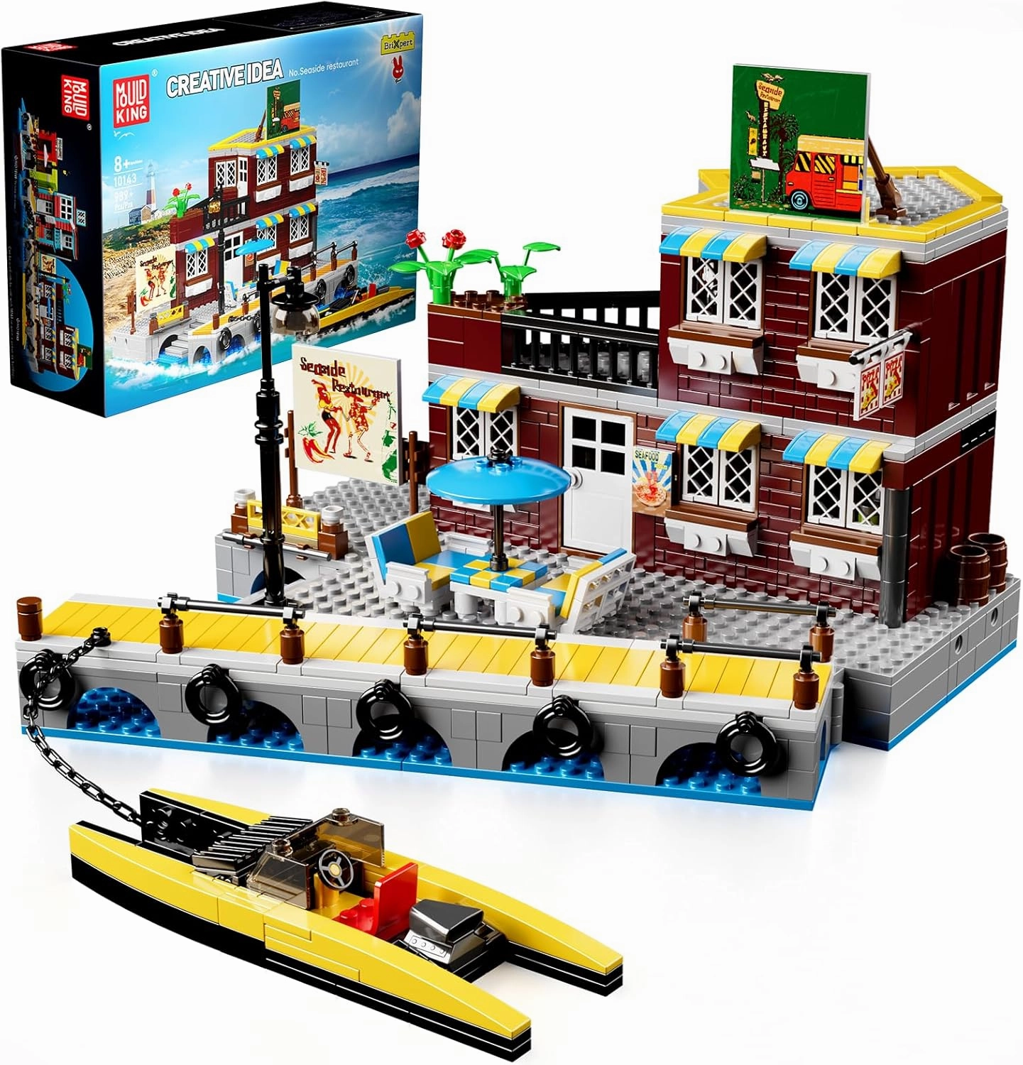 Mould King Seaside Restaurant Toy Building Set, Harbor House Model with Rescue Ship, Fisherman's Wharf Hotel Block Kits, Display Model Kit for Boys and Girls Age 8  and Adults (989 Pieces) 10143