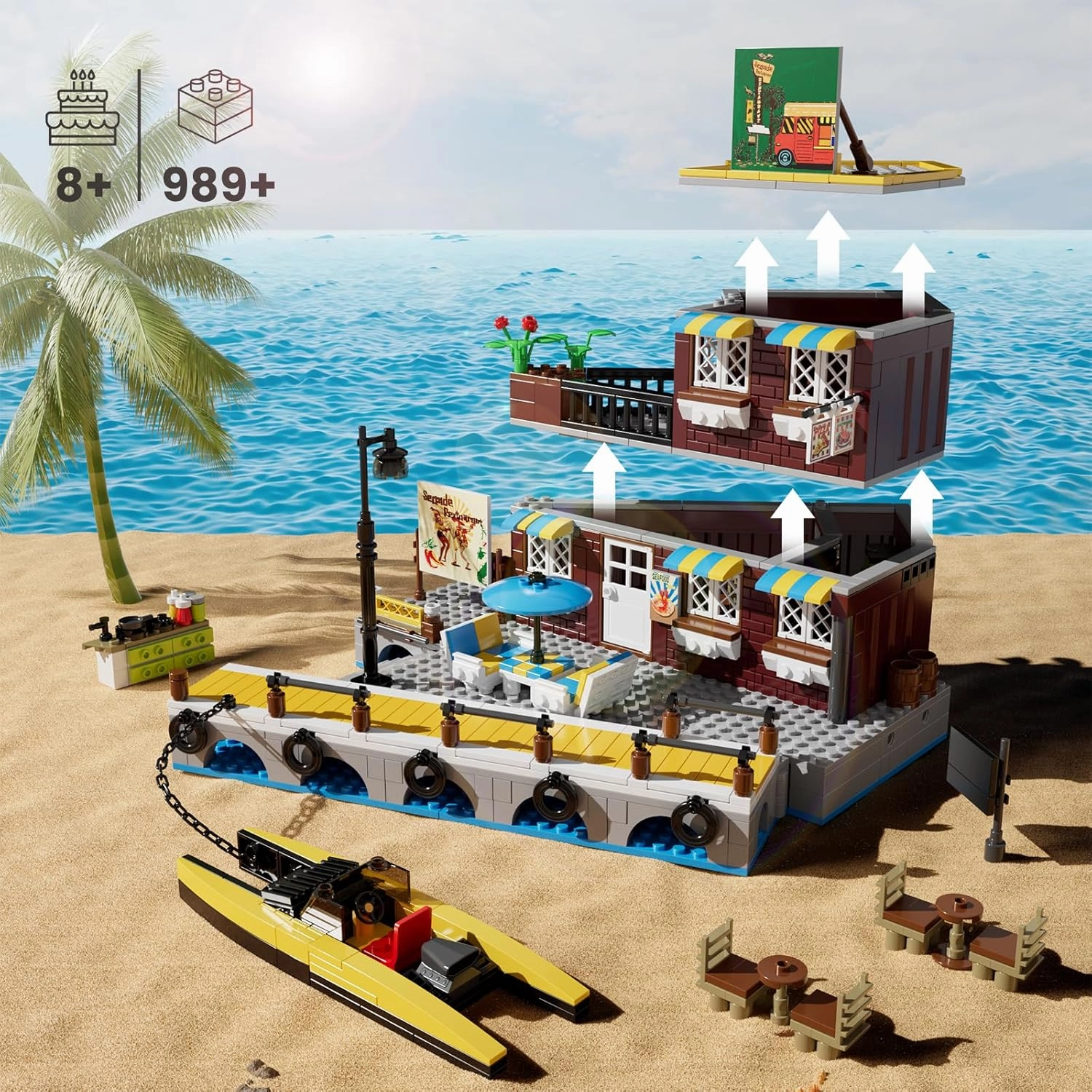 Mould King Seaside Restaurant Toy Building Set, Harbor House Model with Rescue Ship, Fisherman's Wharf Hotel Block Kits, Display Model Kit for Boys and Girls Age 8  and Adults (989 Pieces) 10143