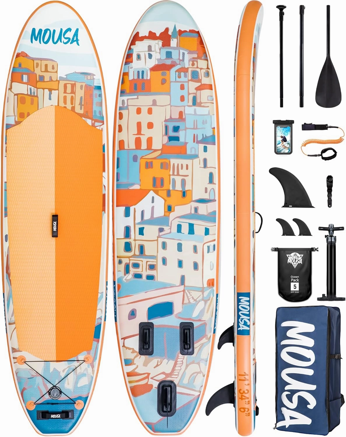 MOUSA 10’8 * 35 Extra Wide Inflatable Stand Up Paddle Board, Stable Paddleboard SUP for 2 People/Family, Anti-Slip Full EVA Deck,Shoulder Strap, 3 Handles, 100L Backpack, All-Round Sup Board, Big Fin