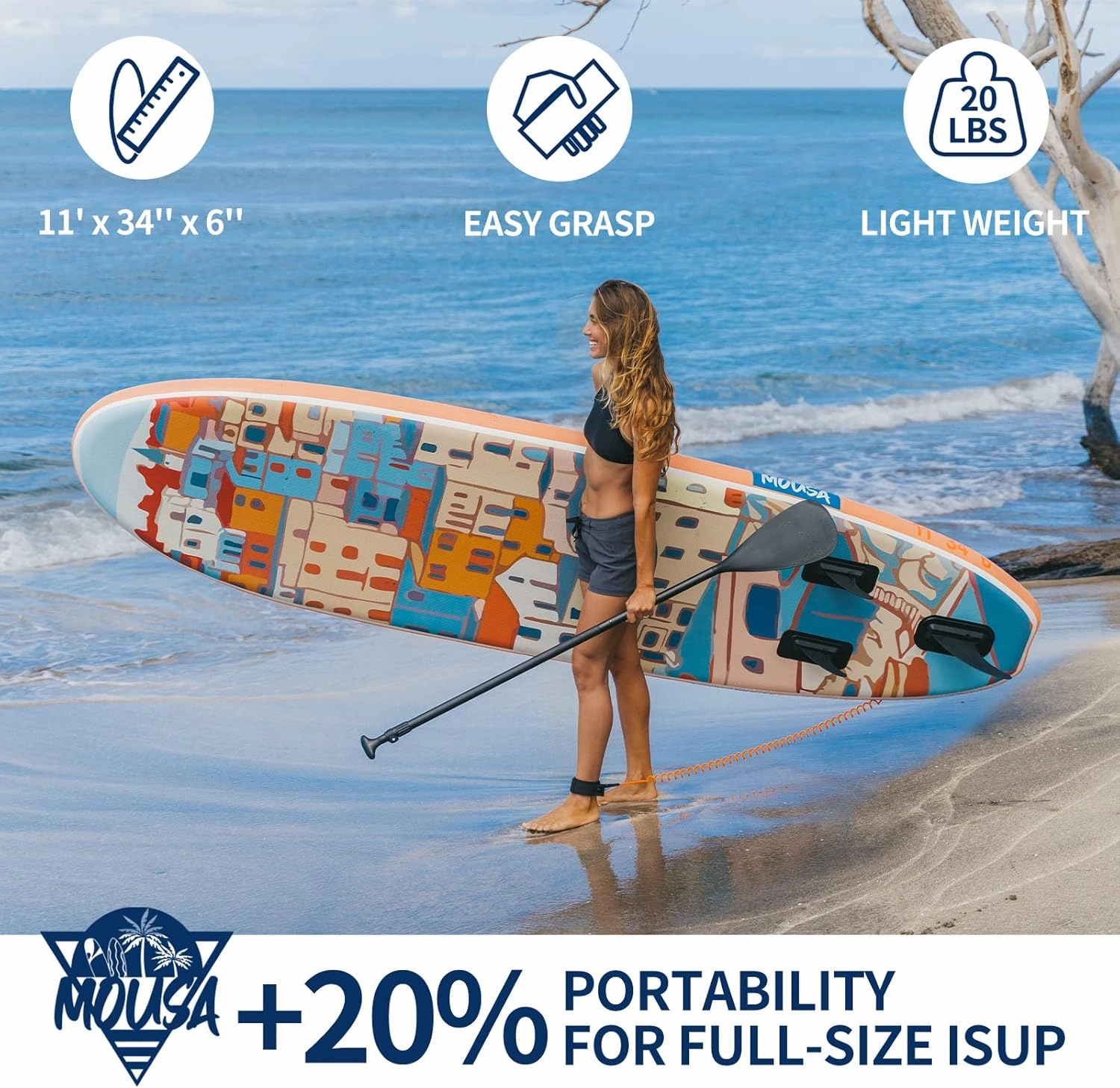 MOUSA 10’8 * 35 Extra Wide Inflatable Stand Up Paddle Board, Stable Paddleboard SUP for 2 People/Family, Anti-Slip Full EVA Deck,Shoulder Strap, 3 Handles, 100L Backpack, All-Round Sup Board, Big Fin