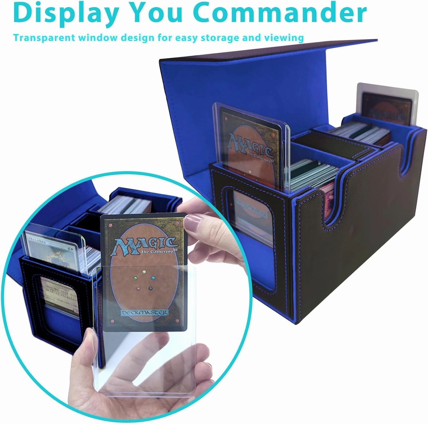 MTG Commander Card Storage Box - Fits 200 Double Sleeved Cards,3-in-1Card Deck Case,Strong Magnet Card Organizer For Magic Commander TCG CCG,4Dividers &2 Toploaders(Black&Blue)