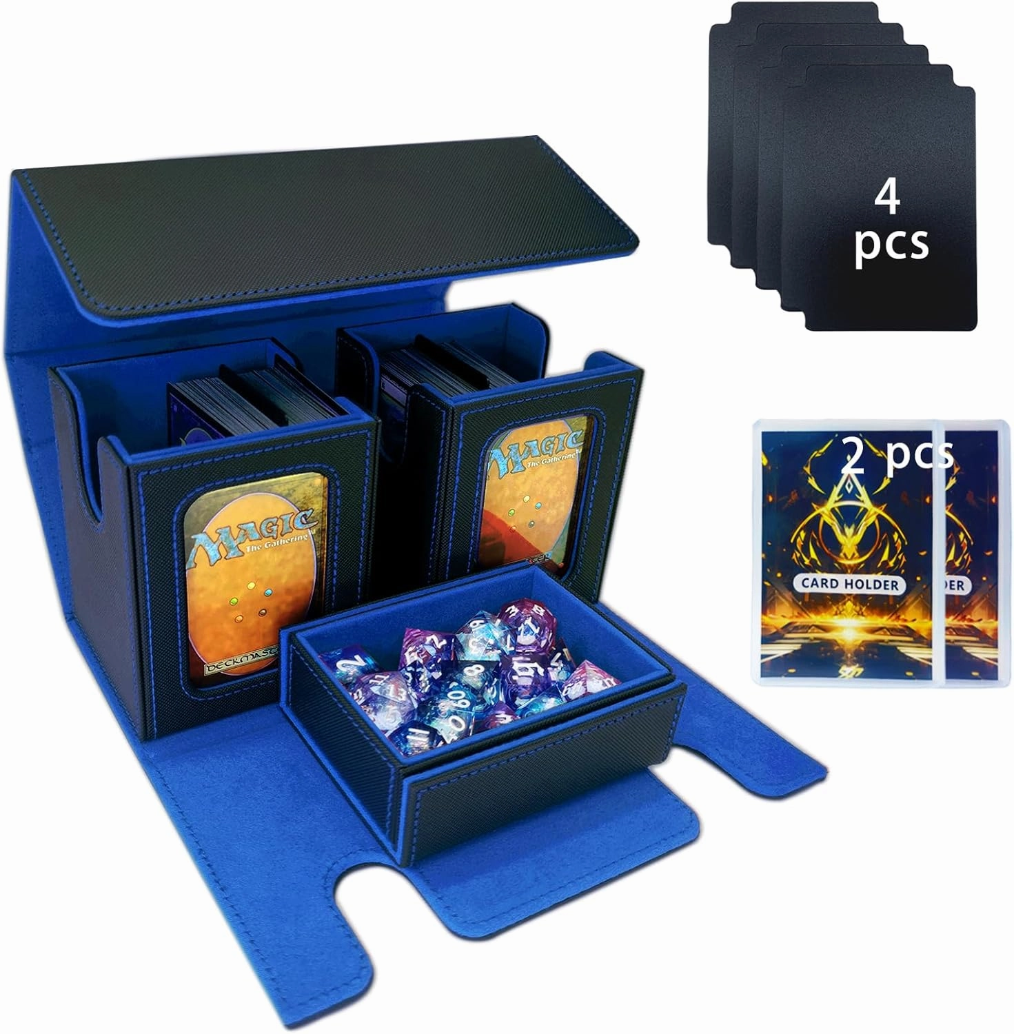 MTG Commander Card Storage Box - Fits 200 Double Sleeved Cards,3-in-1Card Deck Case,Strong Magnet Card Organizer For Magic Commander TCG CCG,4Dividers &2 Toploaders(Black&Blue)